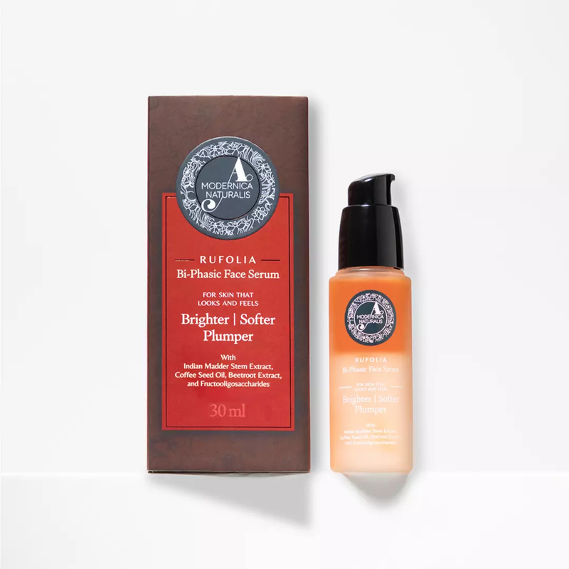 Rufolia Bi-Phasic Face Serum – Brightens, Softens and Plumps Dull, Crepey, Aging Skin – Water-Oil Hybrid Serum with Manjistha, Tomato, Coffee Seed & Plant-based Squalane – Best Bi-Phasic Face Serum For Mature Skin - With Clinically Proven Ingredients Face Serum A Modernica Naturalis 